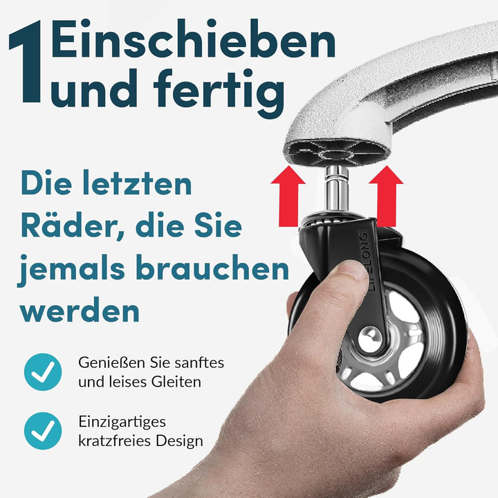 Bürostuhl Rollen 5er Set, Bürostuhl-Räder Ersatzrollen für Teppich- und Parkettböden, Strapazierfähi