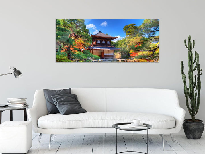 Glasbild Panorama | Wandbild aus Echtglas | Ginkaku-ji-Tempel in Kyoto | 120x50 cm | inkl. Aufhängun