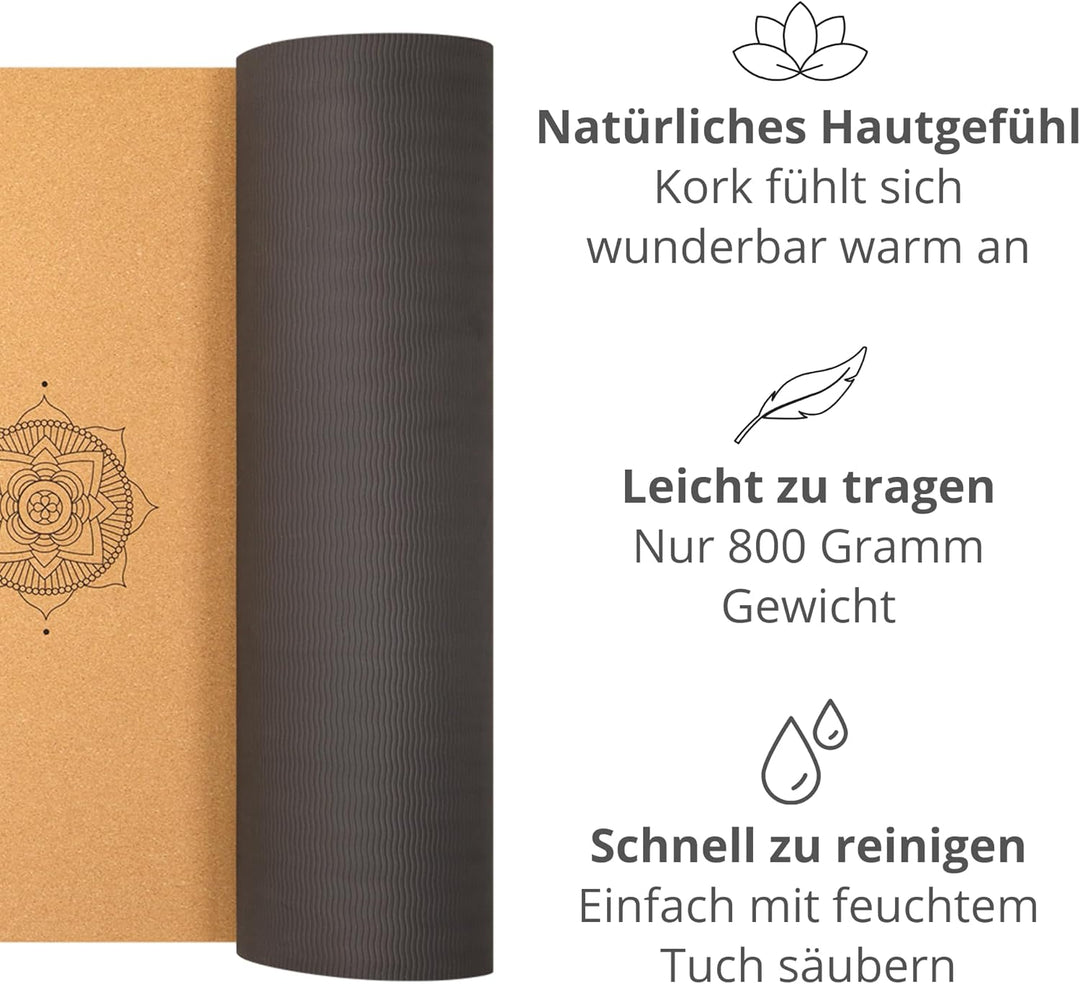Mosswell Yogamatte aus Kork & TPE - 4mm rutschfest phthalatfrei Mit, Mit Hilfslinie