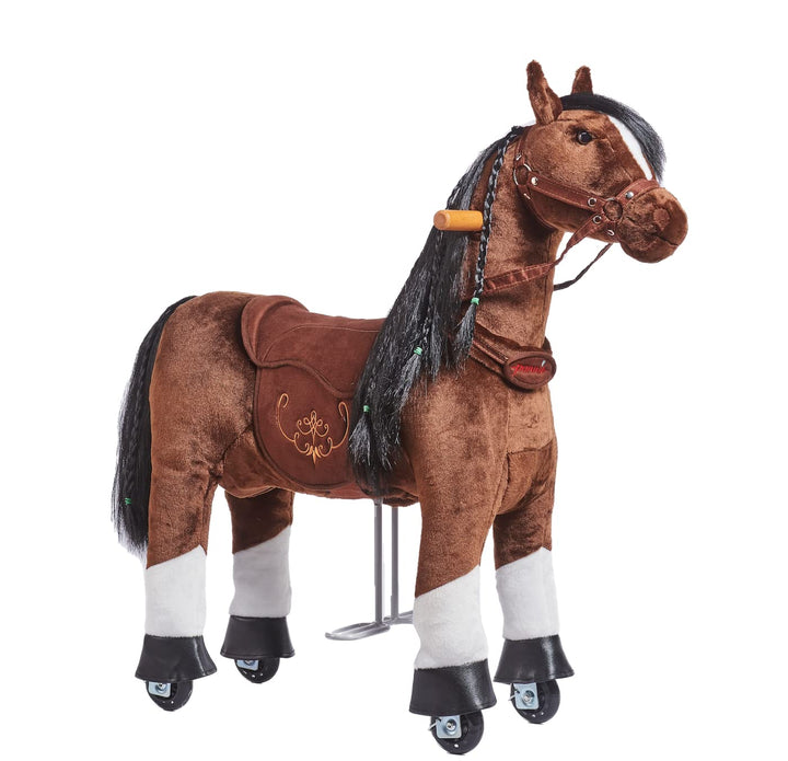 PONNIE Reitpferd mit Rollen Happy S (3-6 Jahre), Spielpferd zum Reiten mit Abnehmbarer Braun Sattel