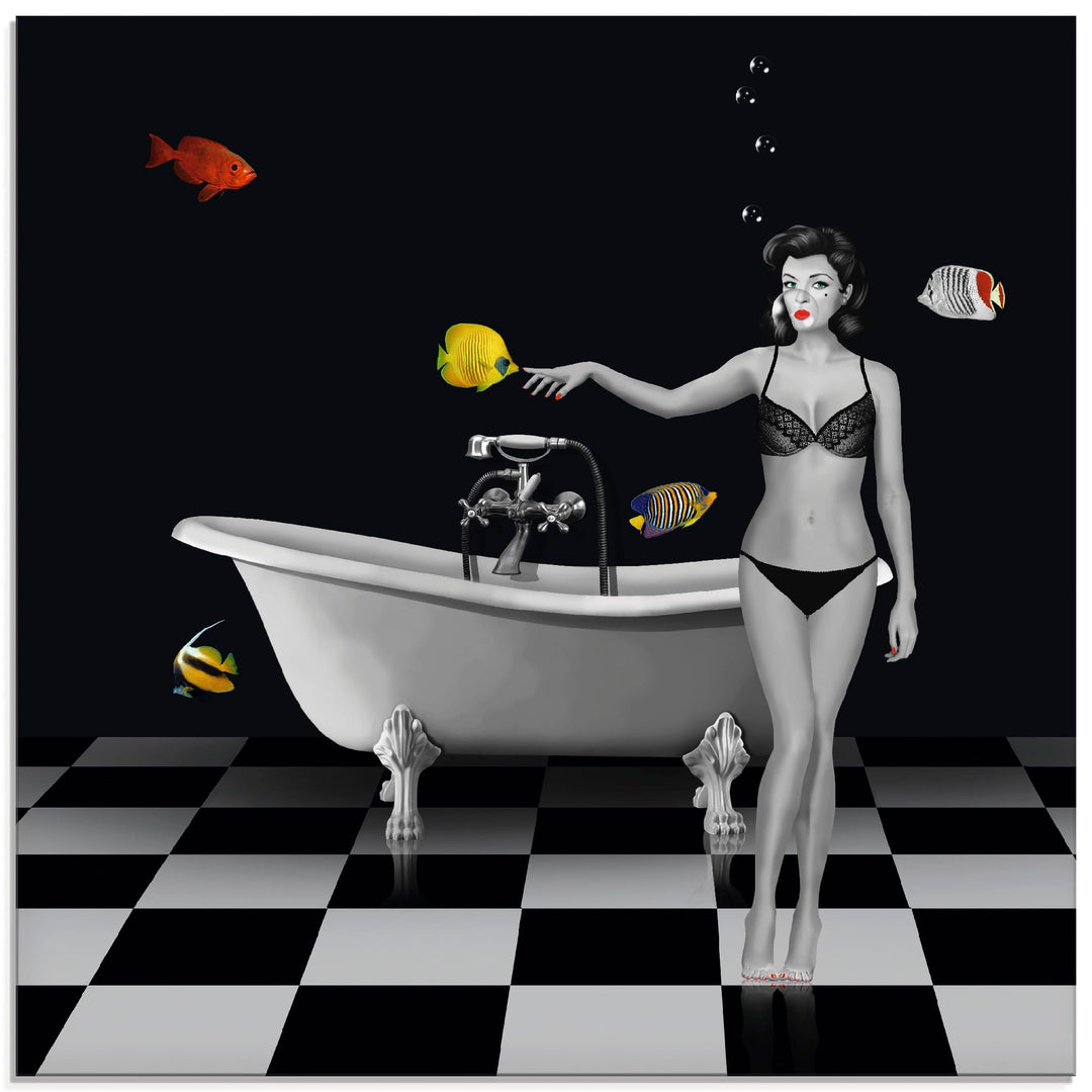 ARTland Glasbilder Wandbild Glas Bild einteilig 40 x 40 cm Frau Pin Up Badewanne Badezimmer Wasser b