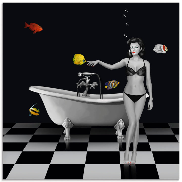 ARTland Glasbilder Wandbild Glas Bild einteilig 40 x 40 cm Frau Pin Up Badewanne Badezimmer Wasser b