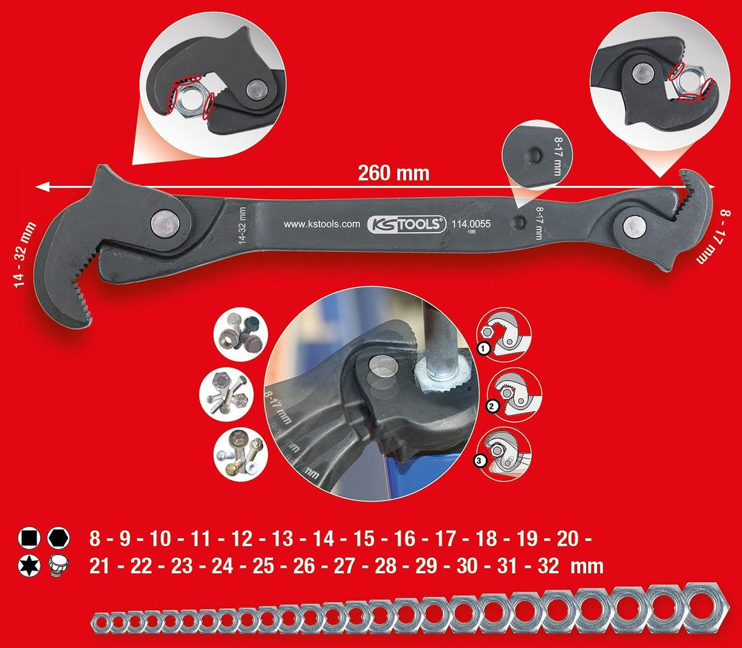 KS Tools 114.0055 Einhand-Multifunktions-Schlüssel, 8-17/14-32mm 8-17/14-32mm Grau, 8-17/14-32mm Gra