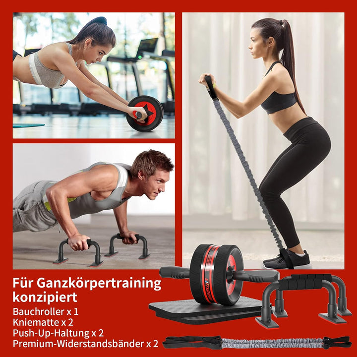 EnterSports Bauchroller, 6-in-1 Bauchtrainer mit Fitnessband, Liegestütze, Kniematte, Fitness Geräte