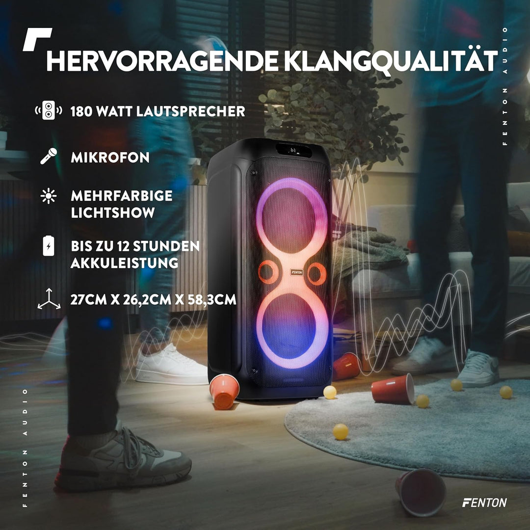Fenton Core130 Musikbox Bluetooth Gross 180W, Akku 12 Std, Karaoke Mikrofon, BT 5.3, Fernbedienung,
