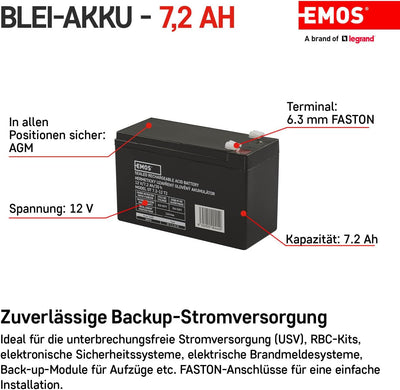 EMOS - Wartungsfreier Bleiakku - 12V 7,2Ah - AGM Batterie - Faston 6,3mm Anschluss - Für USV-Geräte,