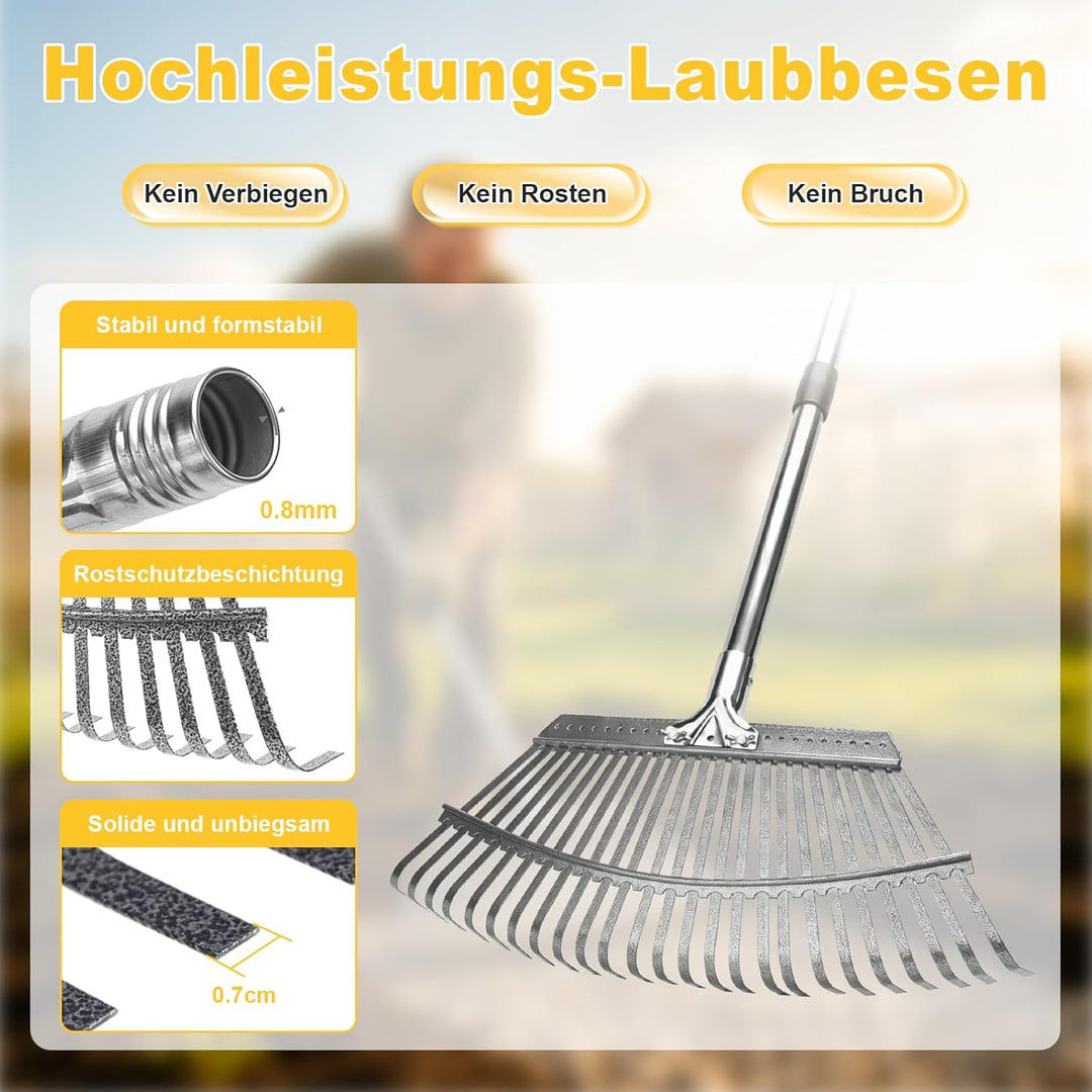 ARTIPOLY Garten laubrechen, Laubrechen mit 25 Metallzinken, 46cm breiter Hochleistungs Rechen, 158 c