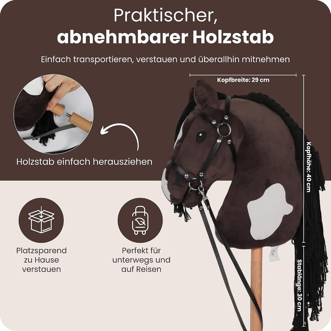 GaloppFreude® Hobby Horse Pferde Braunschecke – Grosses A3 Steckenpferd mit Schraubstab & Trense – H