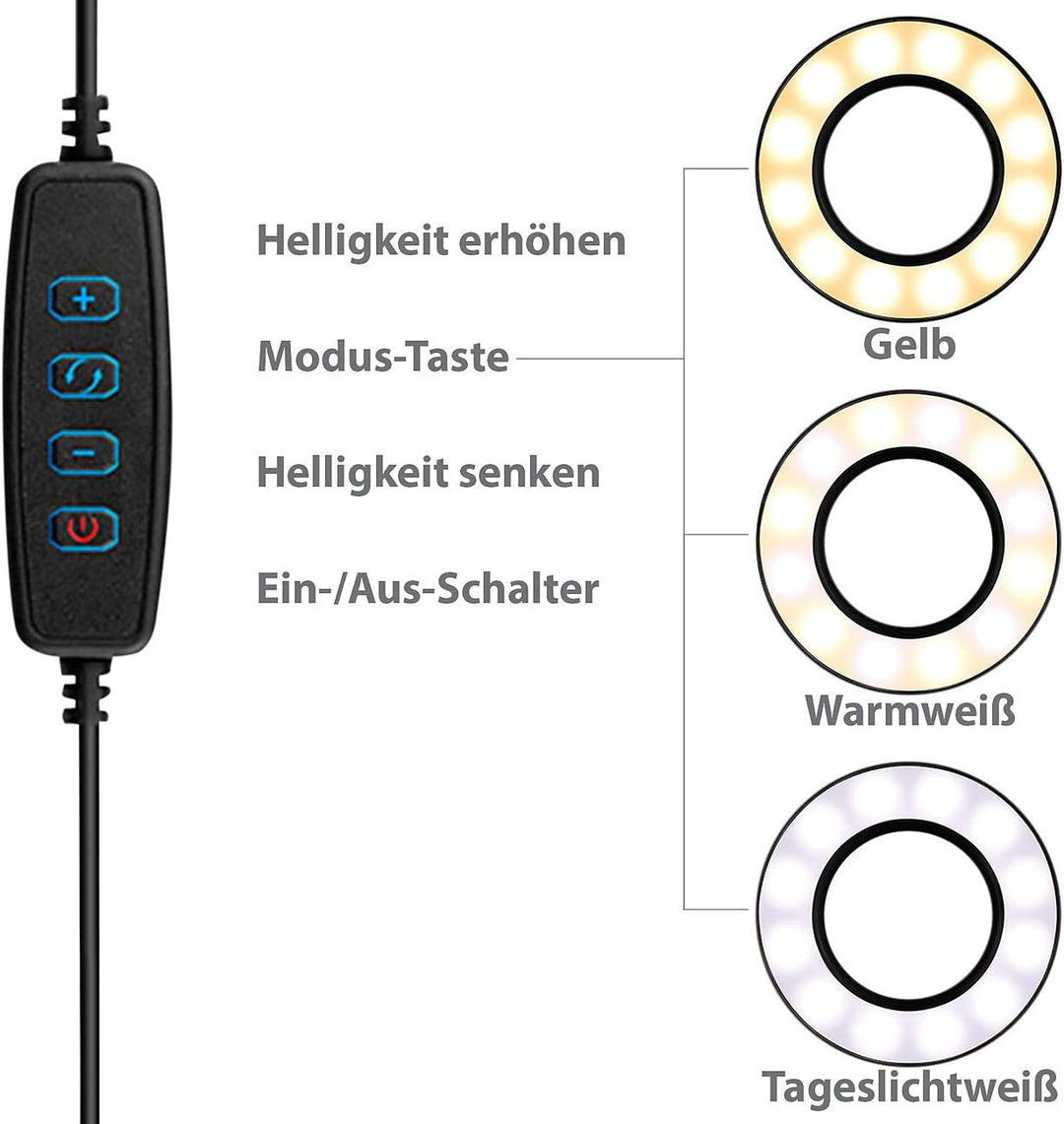 Somikon Foto Licht: USB-Ringlicht mit Smartphone-Halter & Fernauslöser, Ø 3,5" / 9 cm (LED Ringlicht
