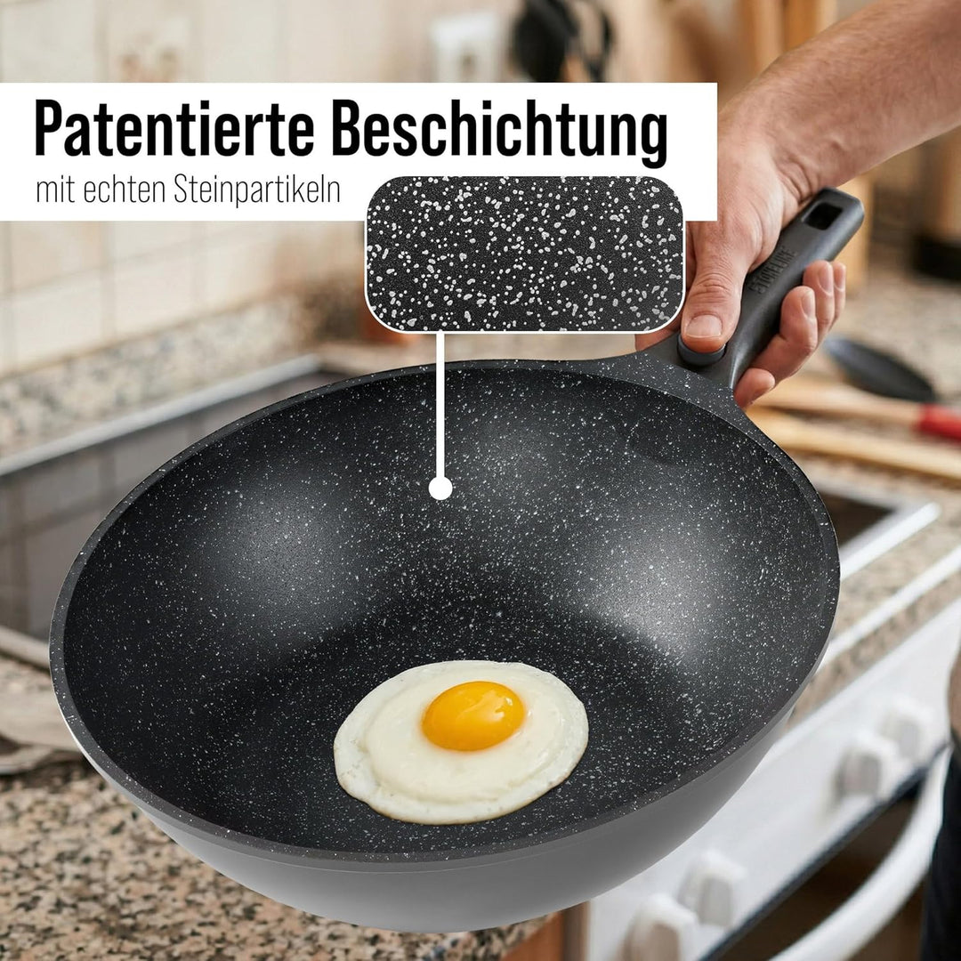 Stoneline Imagination Plus Wok 30 cm, mit Glasdeckel und abnehmbarem 3-Stufen-Sicherheitsgriff, Wokp