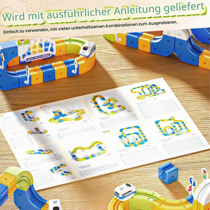 124 Stück Cube Track Set, Elektrische Eisenbahn mit 2 Zügen &amp; 3D Gear Track, DIY Bausteine klick-Sys