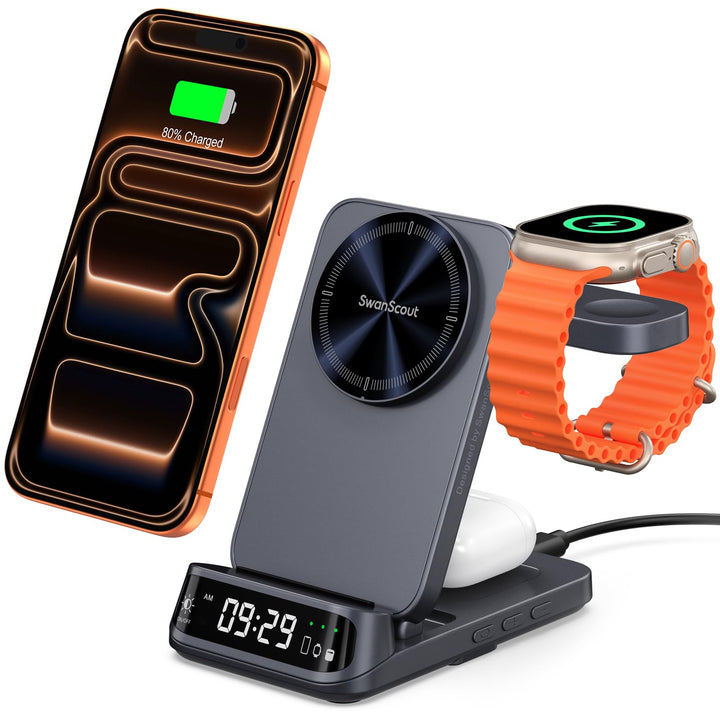 SwanScout 708M Induktive Ladestation, Faltbares 3 IN 1 Magnetisches Ladegerät für Apple Watch und iP