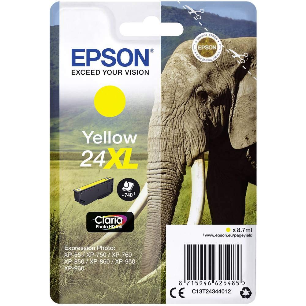 Epson 24XL Yellow Elephant High Yield Genuine, Claria Photo HD Ink Cartridge, XL High Capacity Norma