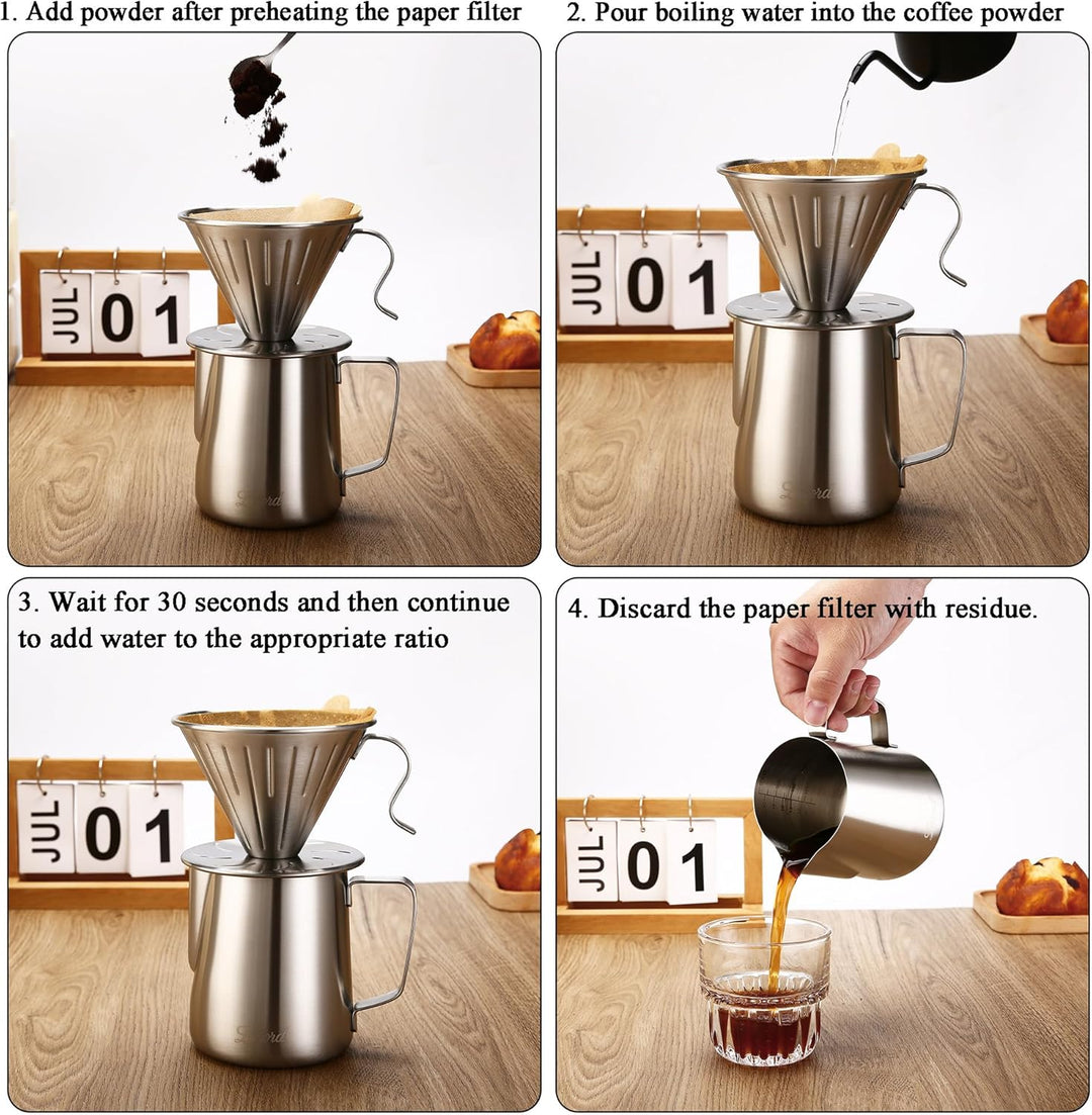 Pour Over Kaffeefilter, 304 Edelstahl mit 100 Stück Papierfilter Grösse 02 (Kaffee-Tropfer) Kaffee T