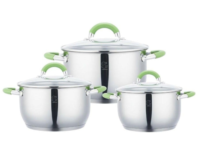 3er Edelstahl Kochtopf-Set 16 + 18 + 20cm mit Glasdeckel Induktion Ausgiessfunktion mit grünen Silik