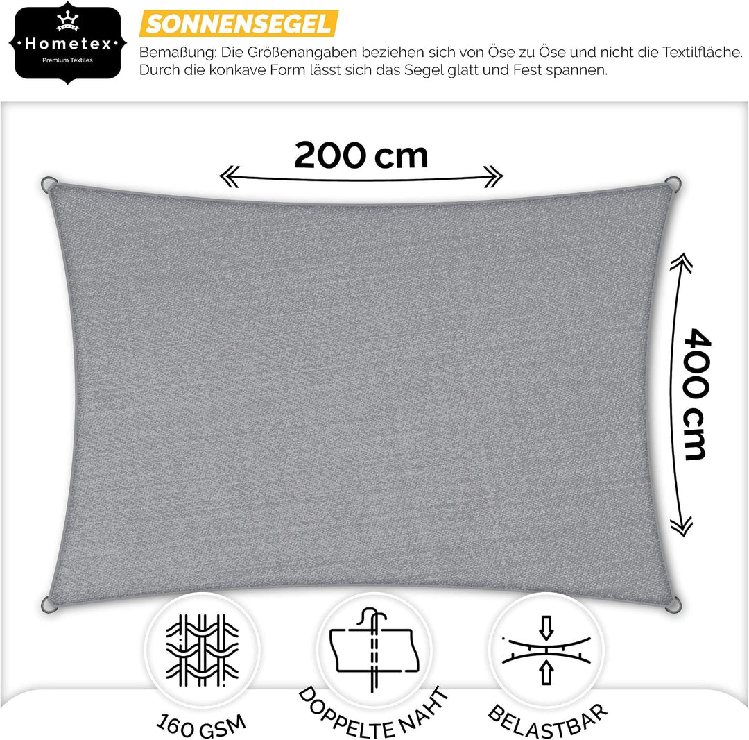 Hometex Premium Textiles Sonnensegel 2×4m Rechteckig inkl. Befestigungseile | Hellgrau | Sonnenschut