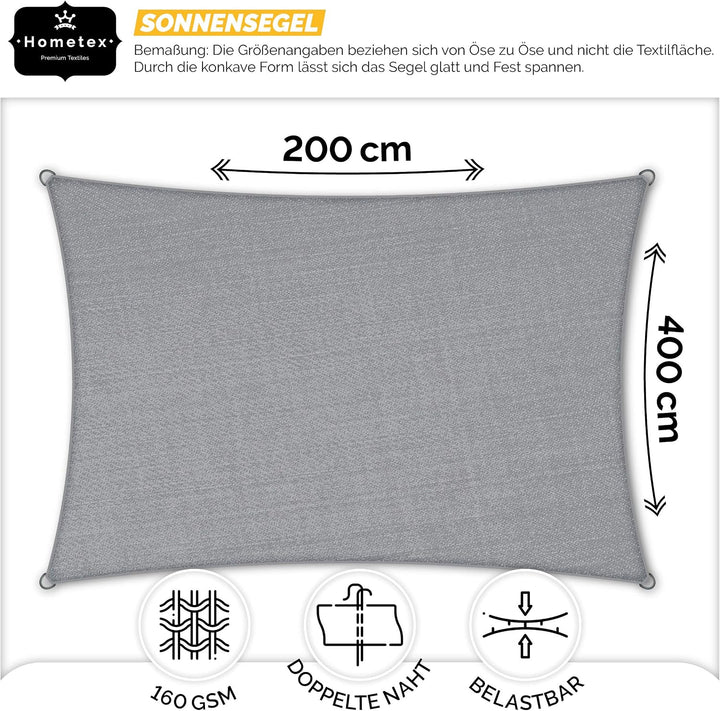 Hometex Premium Textiles Sonnensegel 2×4m Rechteckig inkl. Befestigungseile | Hellgrau | Sonnenschut
