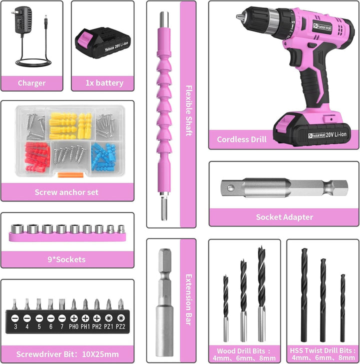 Akku-Bohrschrauber Set, 20V Elektrische Bohrmaschine mit Akku und Ladegerät, 30N Drehmoment, 21+1 Ei