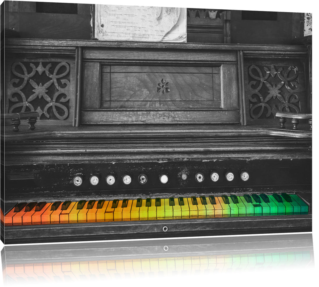 altes Klavier mit bunten Tasten schwarz/weiss Format: 100x70 auf Leinwand, XXL riesige Bilder fertig