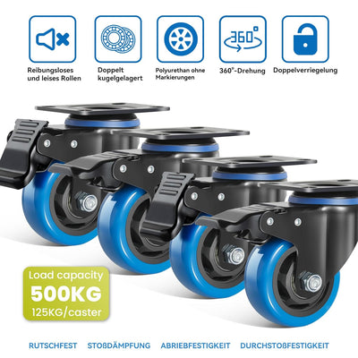 BAOLIHUI 75mm Blaue Lenkrollen 4pcs-Set Möbelrollen bis 500KG, 360° Drehung Schwerlastrollen mit Bre