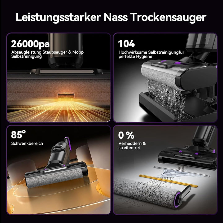 Redkey W15 Nass Trockensauger Akku,Selbstreinigender Mopp-Staubsauger,Kantenreinigung 6 mm,Dual-Wass