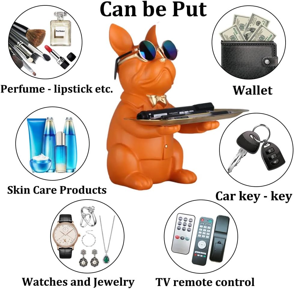 Orange Bulldoggen-Tablett-Statue – Modernes Sparschwein-Tablett zur Aufbewahrung von Schlüsseln, Süs