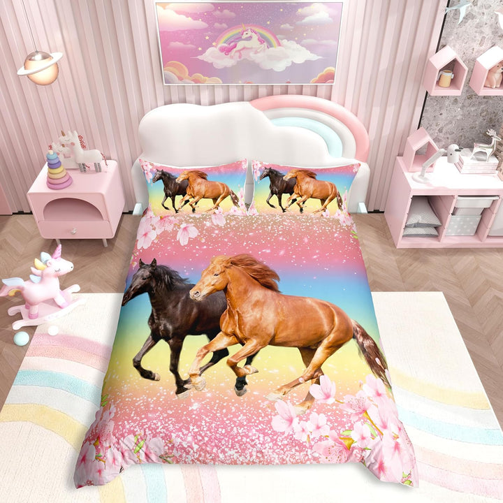 Mädchen Pferd Bettwäsche 200 x 200 cm Pferde Rosa Floral Bettbezug Galloping Farmhorse Bllossom Flow