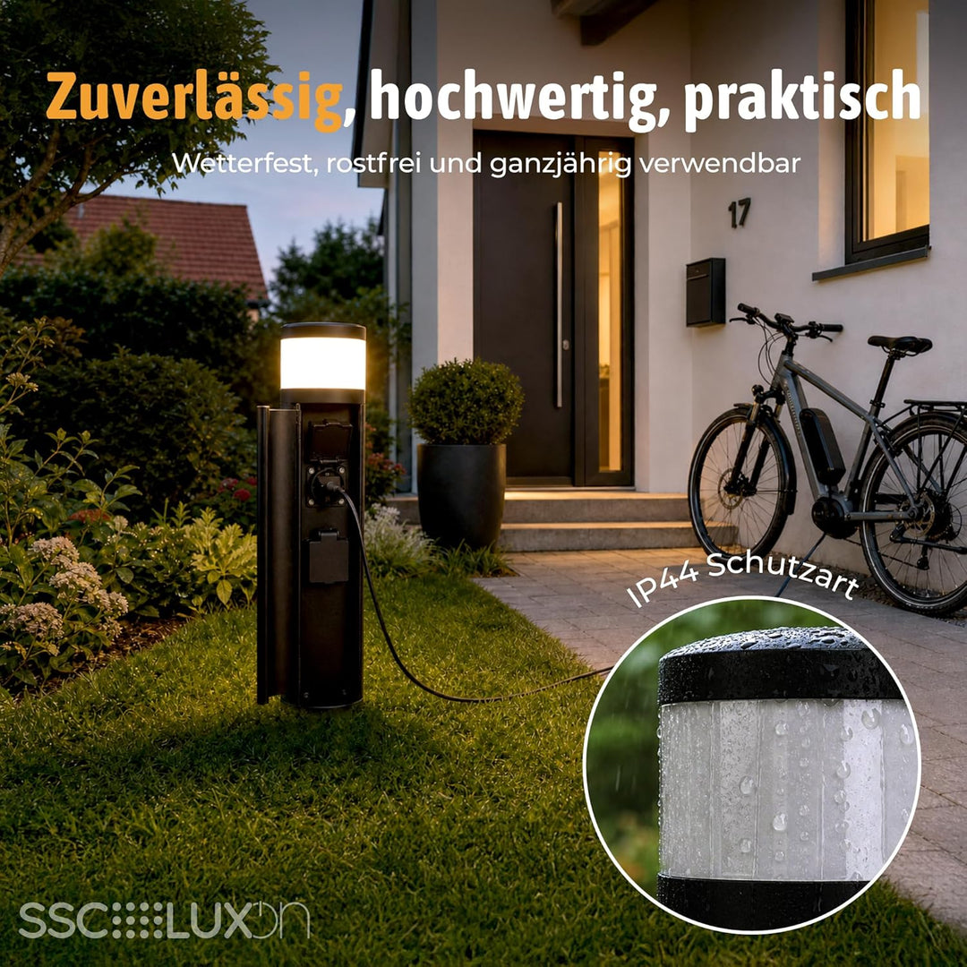 SSC-LUXon PALISO Design Lichtsäule Garten mit 2x Steckdosen für Aussen - Aussenstehlampe Pollerleuch