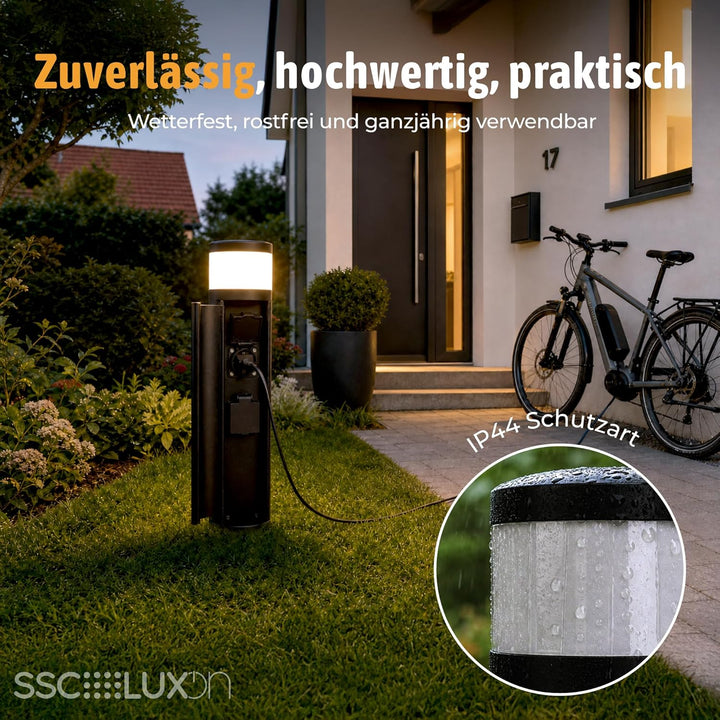 SSC-LUXon PALISO Design Lichtsäule Garten mit 2x Steckdosen für Aussen - Aussenstehlampe Pollerleuch
