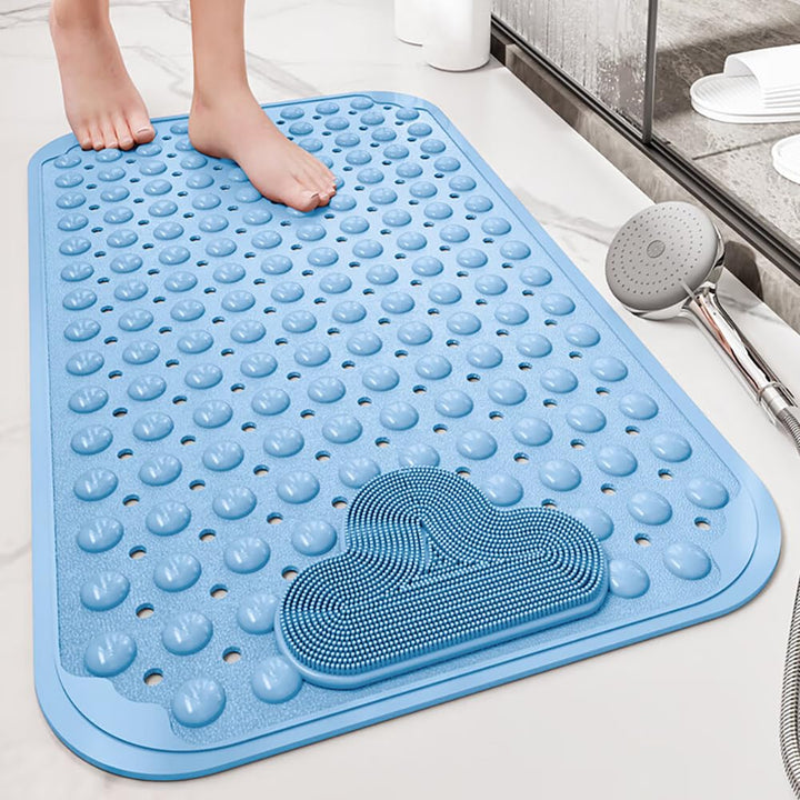 Duschmatte rutschfest 90x60cm,Antirutschmatte Dusche aus TPE,Blau | mit Fussbürsten-Zone,mit Saugnäp