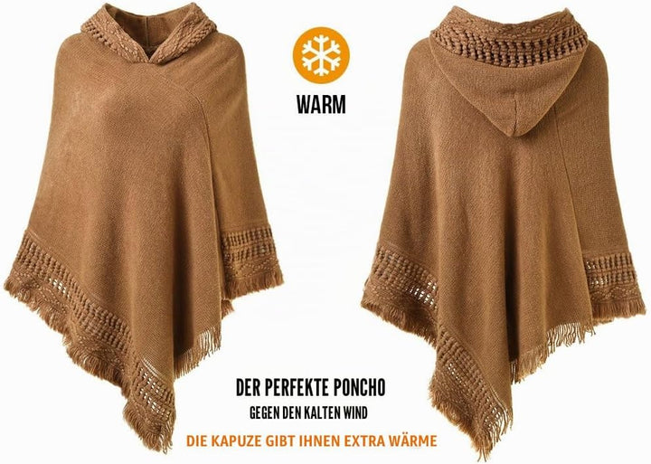 Ferand Damen Poncho mit Kapuze und gehäkeltem Cape mit Fransensaum für Herbst Winter Einheitsgrösse