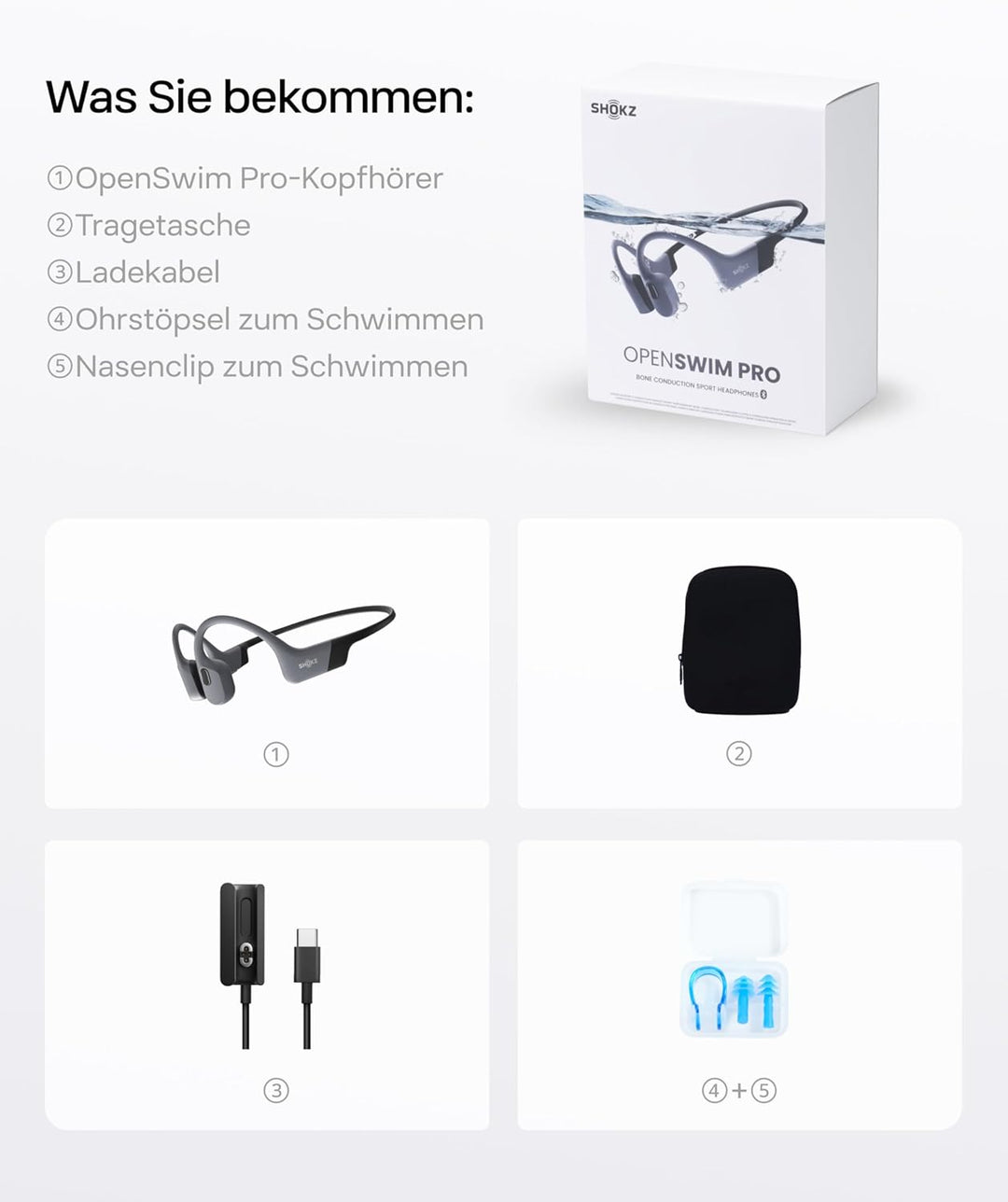 SHOKZ OpenSwim Pro Knochenschall Swimm Kopfhörer, IP68 Wasserdicht, 32GB MP3 Player, Bluetooth 5.4 S