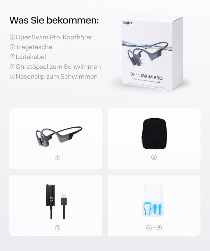 SHOKZ OpenSwim Pro Knochenschall Swimm Kopfhörer, IP68 Wasserdicht, 32GB MP3 Player, Bluetooth 5.4 S