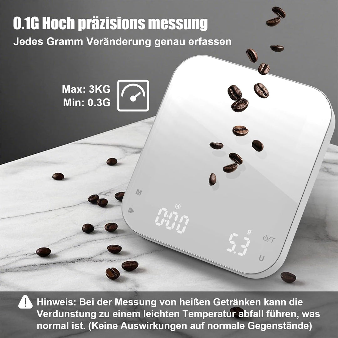 Diyife Kaffeewaage mit Automatischer, 3kg/0,1g Wiederaufladbare Espresso Waage mit 6 Masseinheiten,