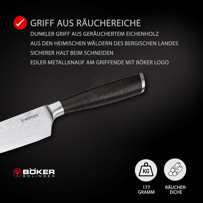 Böker SOLINGEN® Meisterklinge Damast Kochmesser mit Holz-Griff aus Räucher-Eiche - Profi Chef-Messer