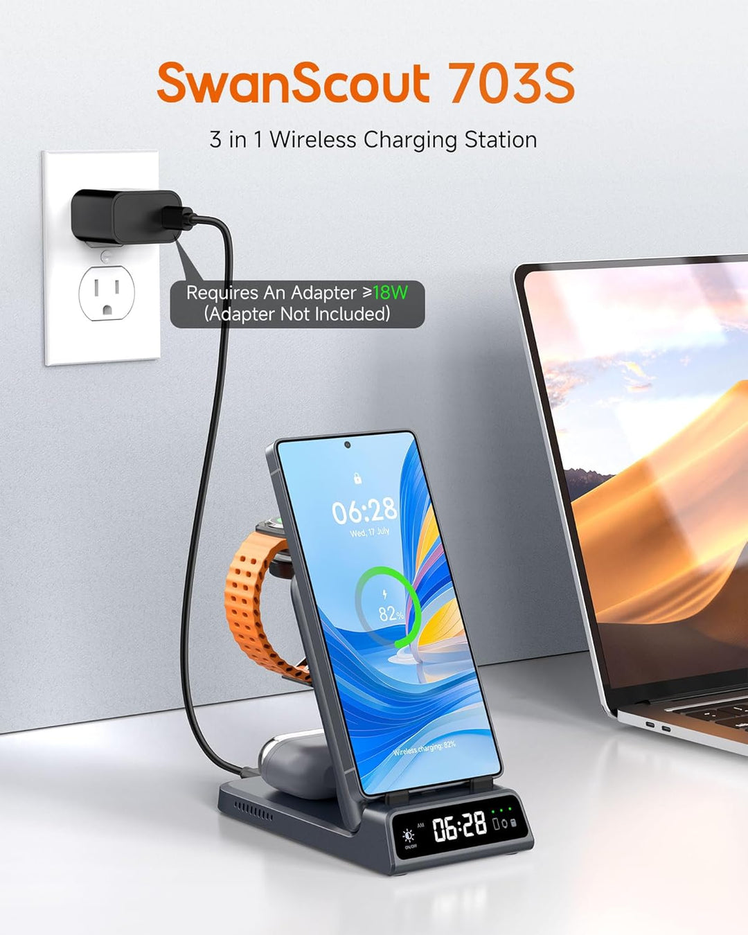 Induktive Ladestation für Samsung S25/Watch 8/8 Classic, SwanScout 703S, 3 in 1 Wireless Charger für