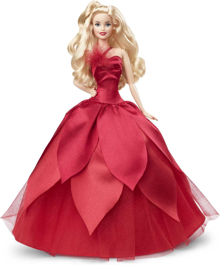 Barbie HBY03 - Signature Holiday Puppe 2022 (blonde Haare) im roten Kleid, mit rotem Lippenstift und