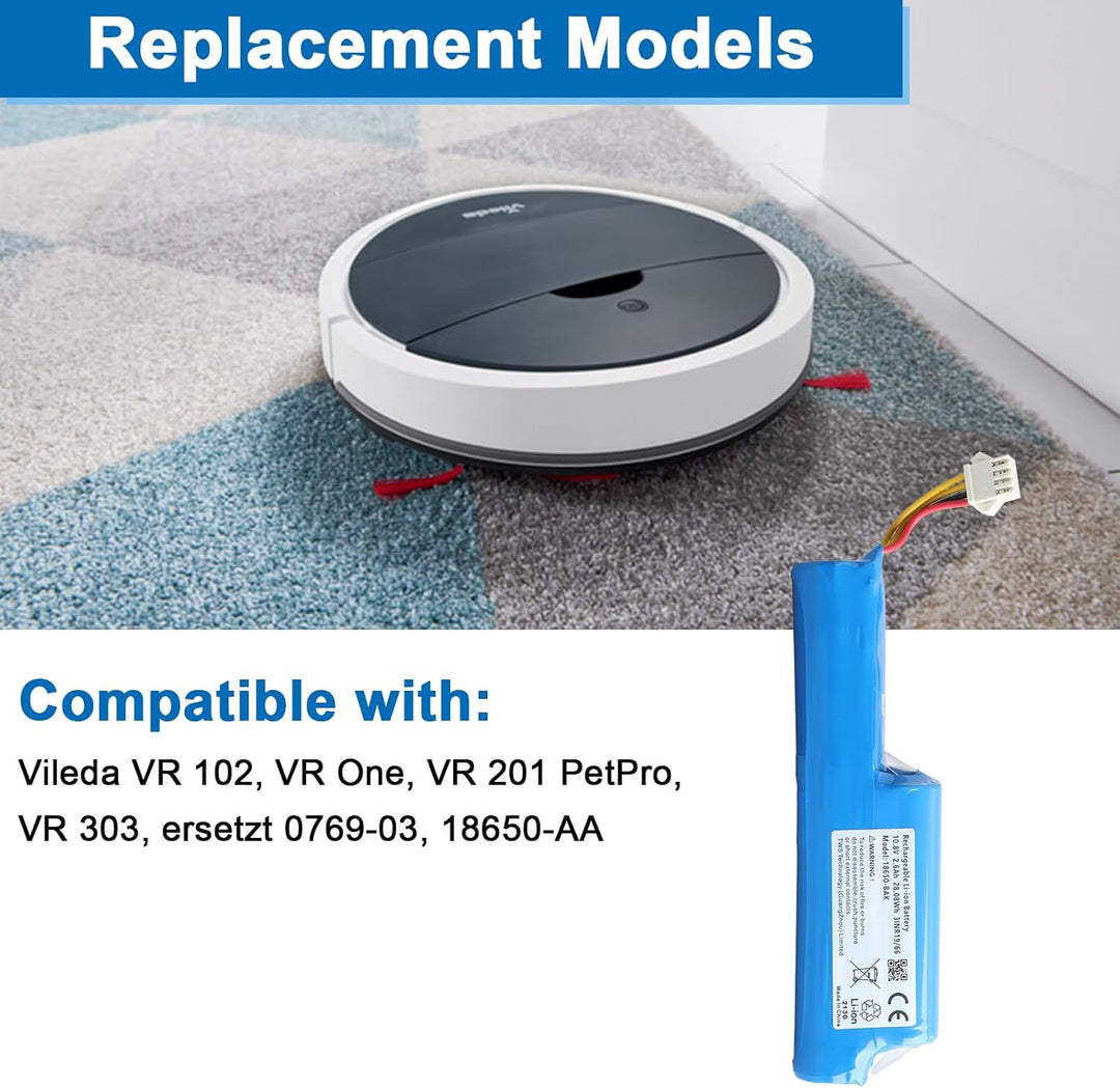2600mAh Li-Ion Akku Kompatibel mit Vileda VR 102, VR One, VR 201 PetPro, VR 303, Ersetzt 0769-03, 18