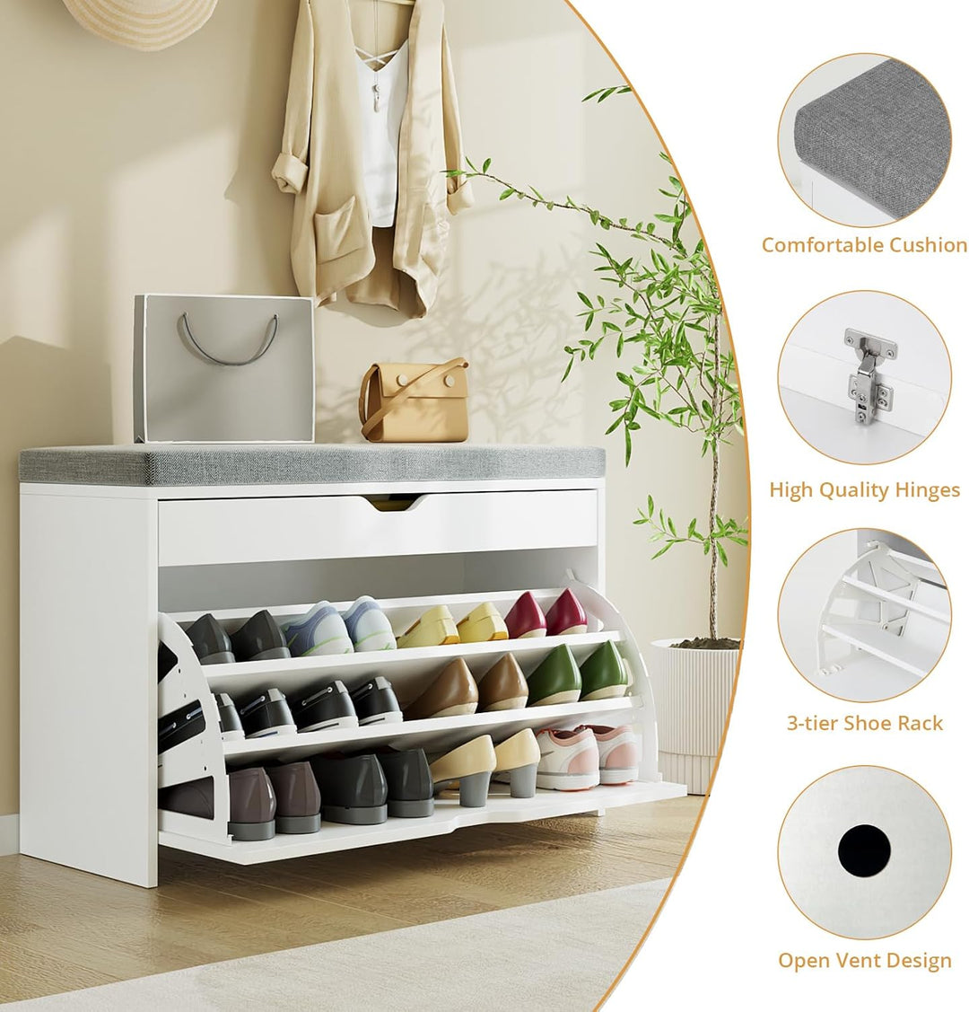 VOWNER Schuhschrank mit Klappen, Schuhregal Schuhkipper Schmal, Sitzbank mit Sitzkissen, Verstellbar