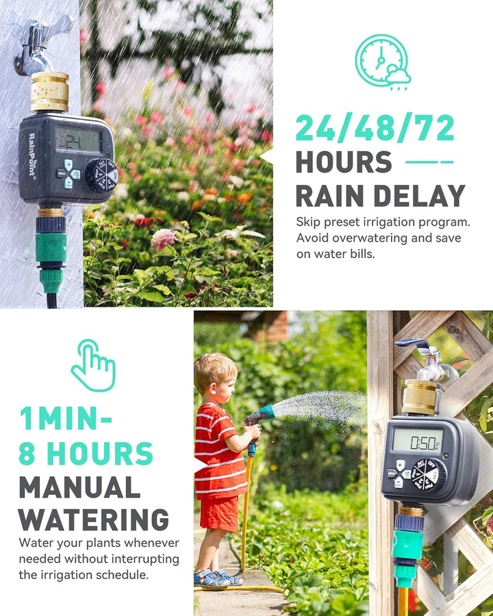 RAINPOINT Bewässerungscomputer mit Messing-Einlass und -Auslass, Wasserzeitschaltuhr mit 3 Zeitpläne