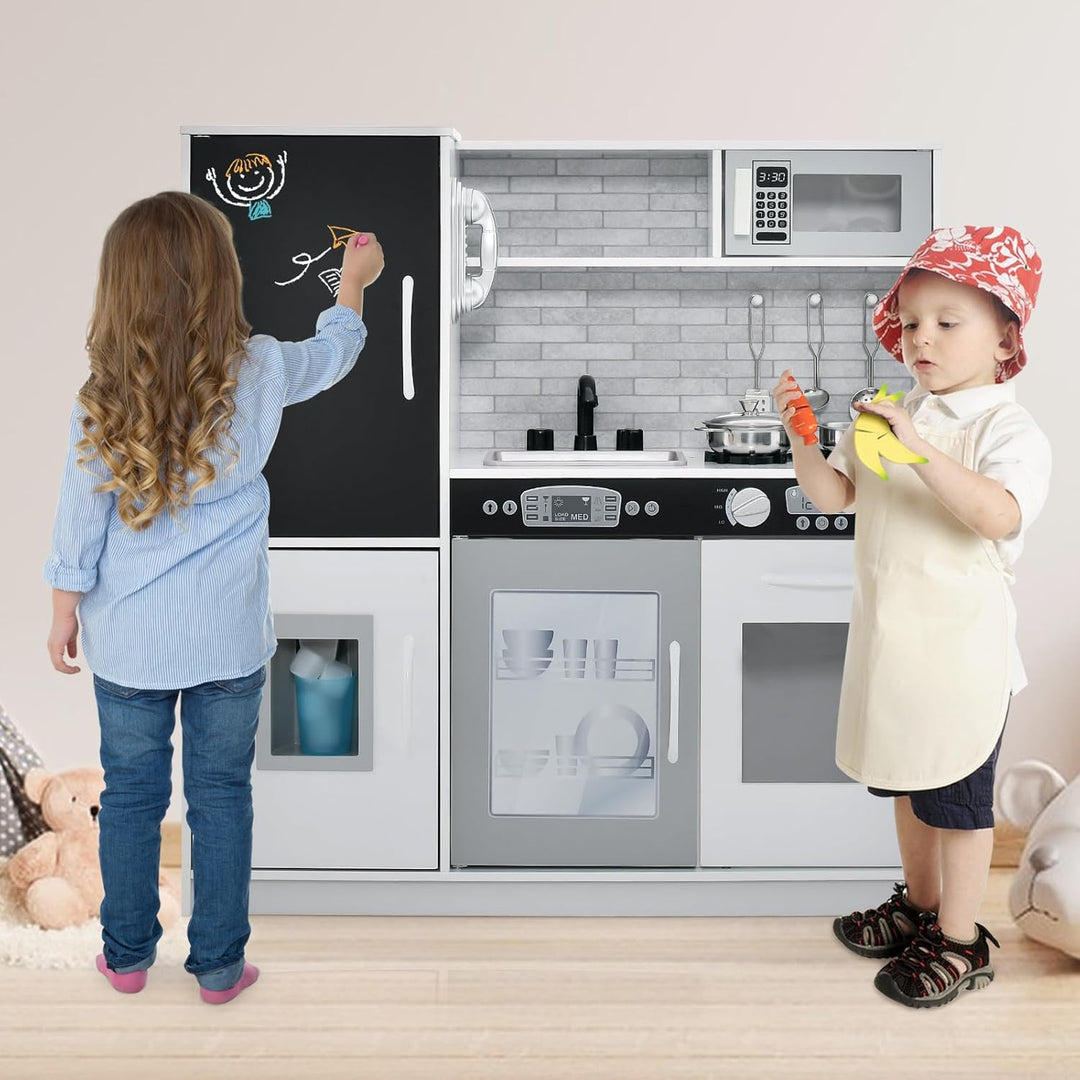 GOPLUS Kinderküche aus Holz, Kinderspielküche mit Mikrowellen, Backofen, Wasserbecken, Kreidetafel &