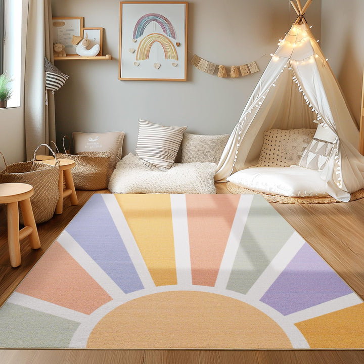 HomebyHome Kurzflor Kinderteppich für Jungen und Mädchen 100 x 150 cm Multicolor Sonnen Design - Was