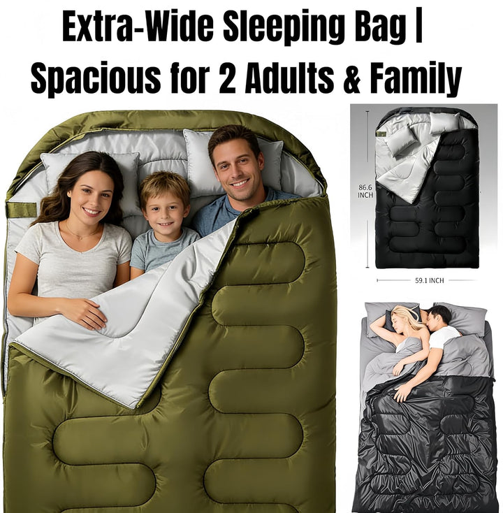Doppelschlafsack 2P 220x150cm, 3-in-1 Deckenschlafsack teilbar in 2 Einzelsäcken, wasserdichter Camp
