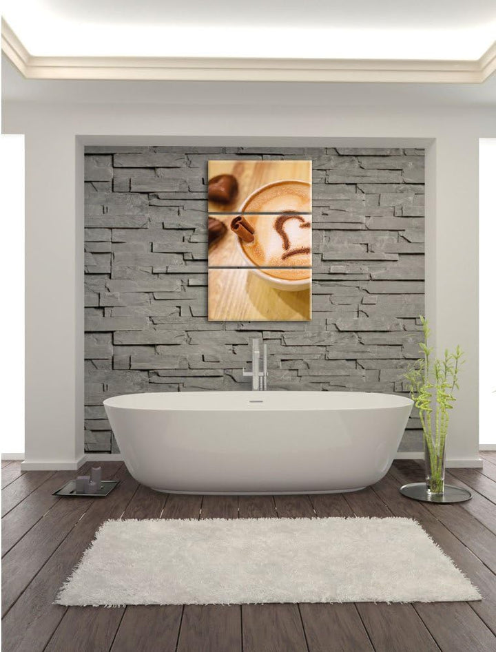 Pixxprint Kaffee Herz aus Schaum Cappucino als Leinwandbild | Grösse: 3 Teilig (120x80) | Wandbild|