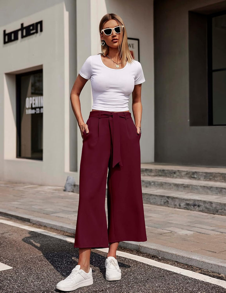 Beyove Damen Weite Hose 7/8 Sommerhose High Waist Elegant Business Hosen Schlaghose Gestreifte Anzug