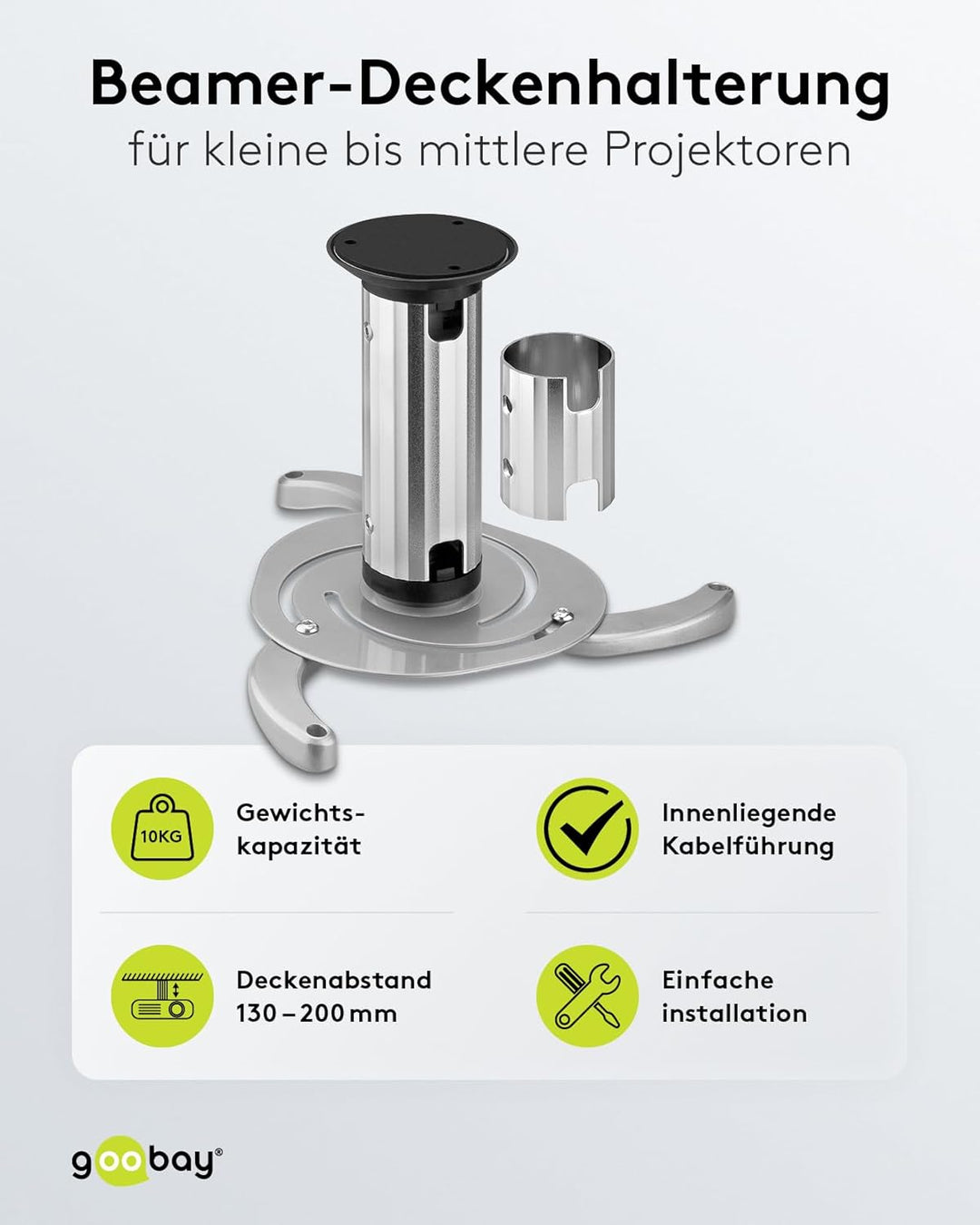 Goobay 51905 Beamer Deckenhalterung (M) bis max. 10 Kg, kleine bis mittlere Projektoren, silber, sil