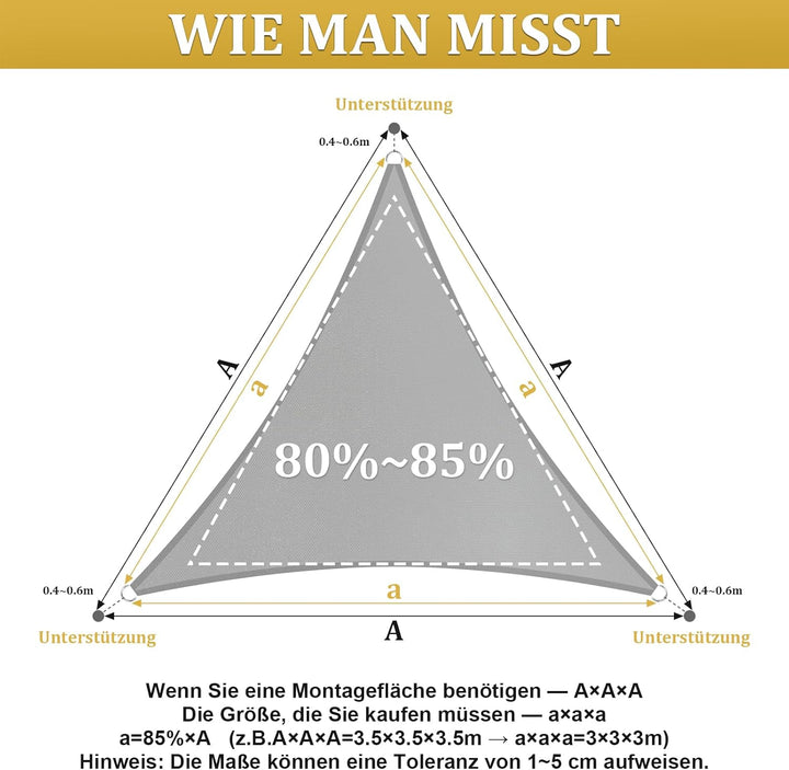 Shade&Beyond Sonnensegel Wasserdicht Dreieckig 3x3x3m, 95% UV-Schutz PES Polyester inkl Befestigungs