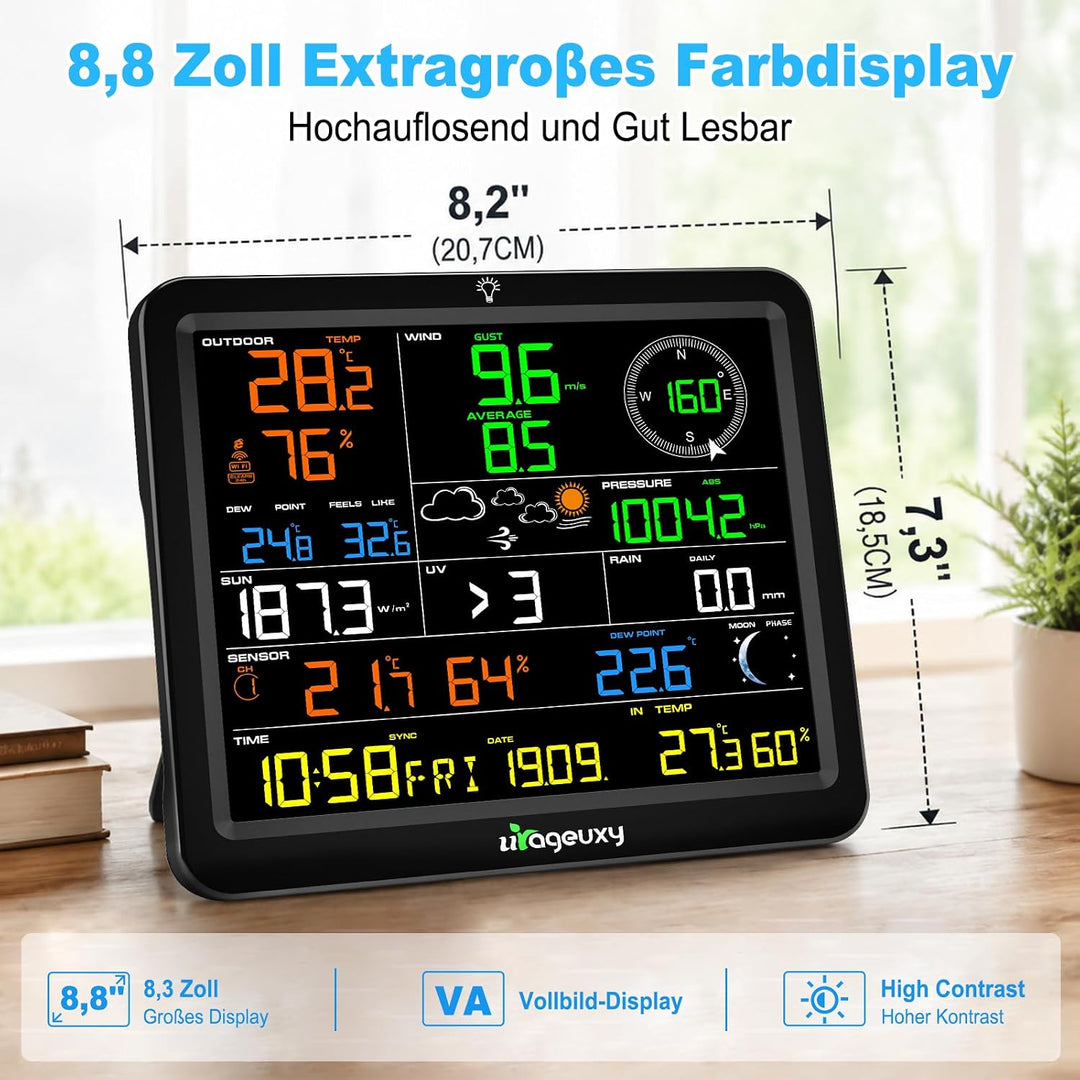 Urageuxy WLAN Wetterstation mit Aussensensor, 8,8" Farbdisplay, 7-in-1 Sensor für Wind, Regen, UV, T