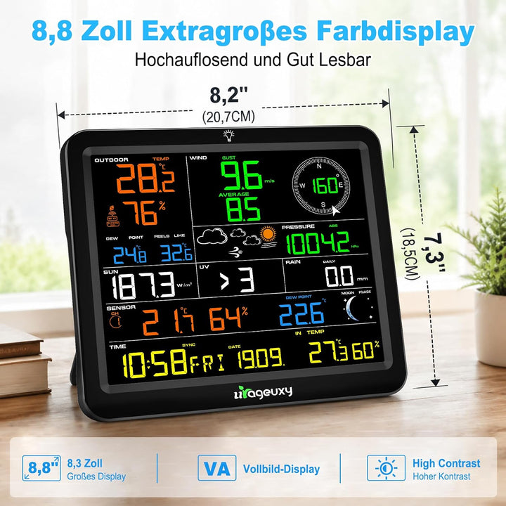 Urageuxy WLAN Wetterstation mit Aussensensor, 8,8" Farbdisplay, 7-in-1 Sensor für Wind, Regen, UV, T