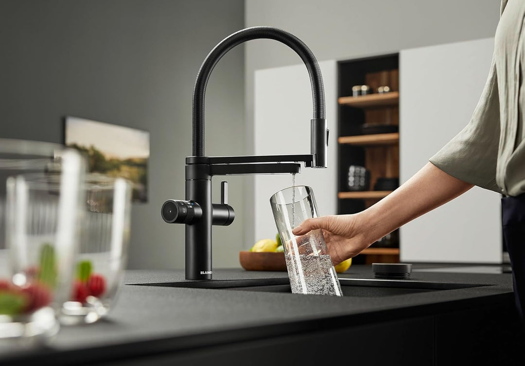 BLANCO drink.soda EVOL-S Pro | Soda Küchenarmatur in schwarz matt | Gekühltes Wasser in still, mediu